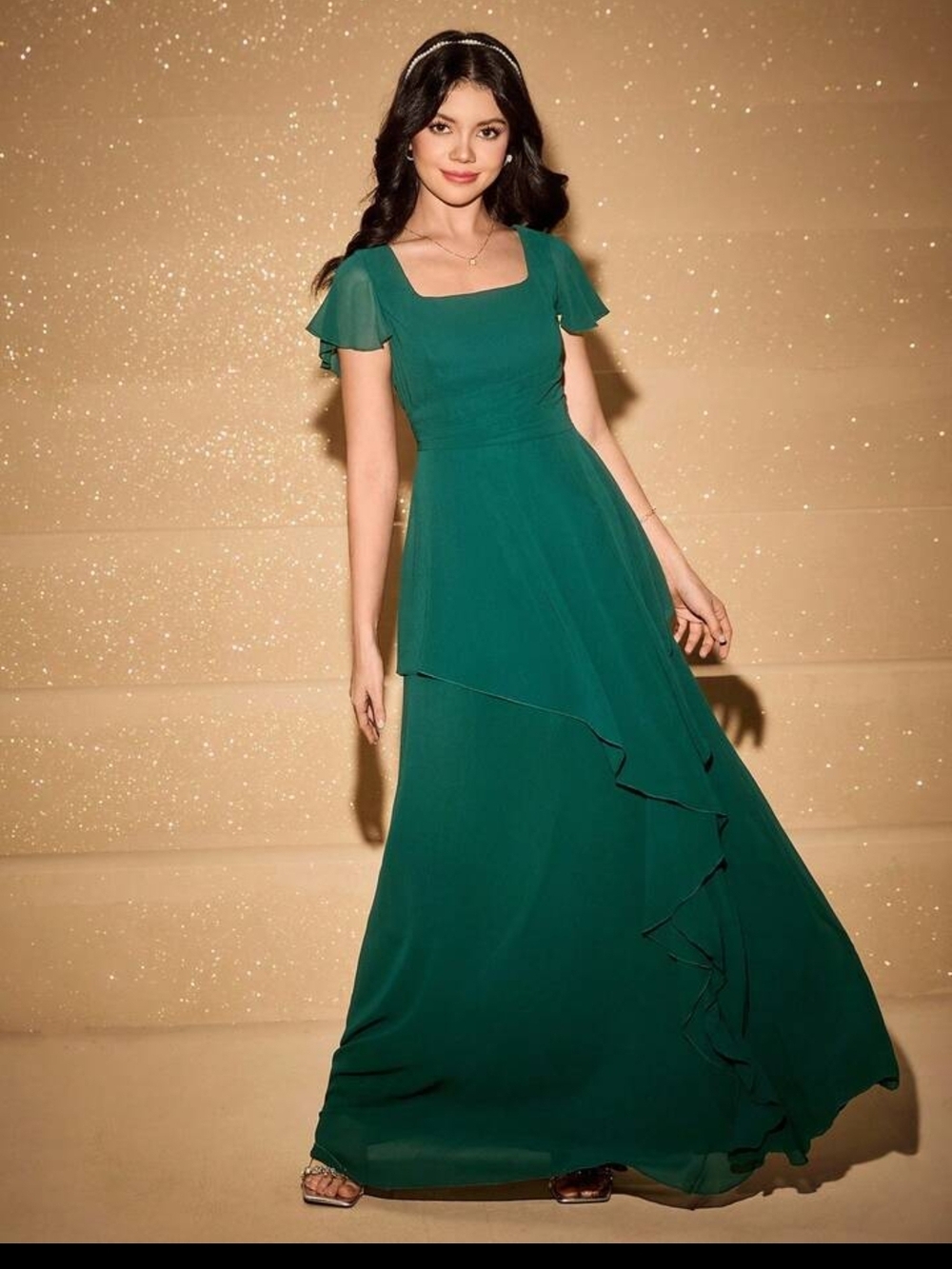 Elegant Emerald Green Square-Neck Formal Fancy Dress Girls Size 14 - Picture 2 of 4